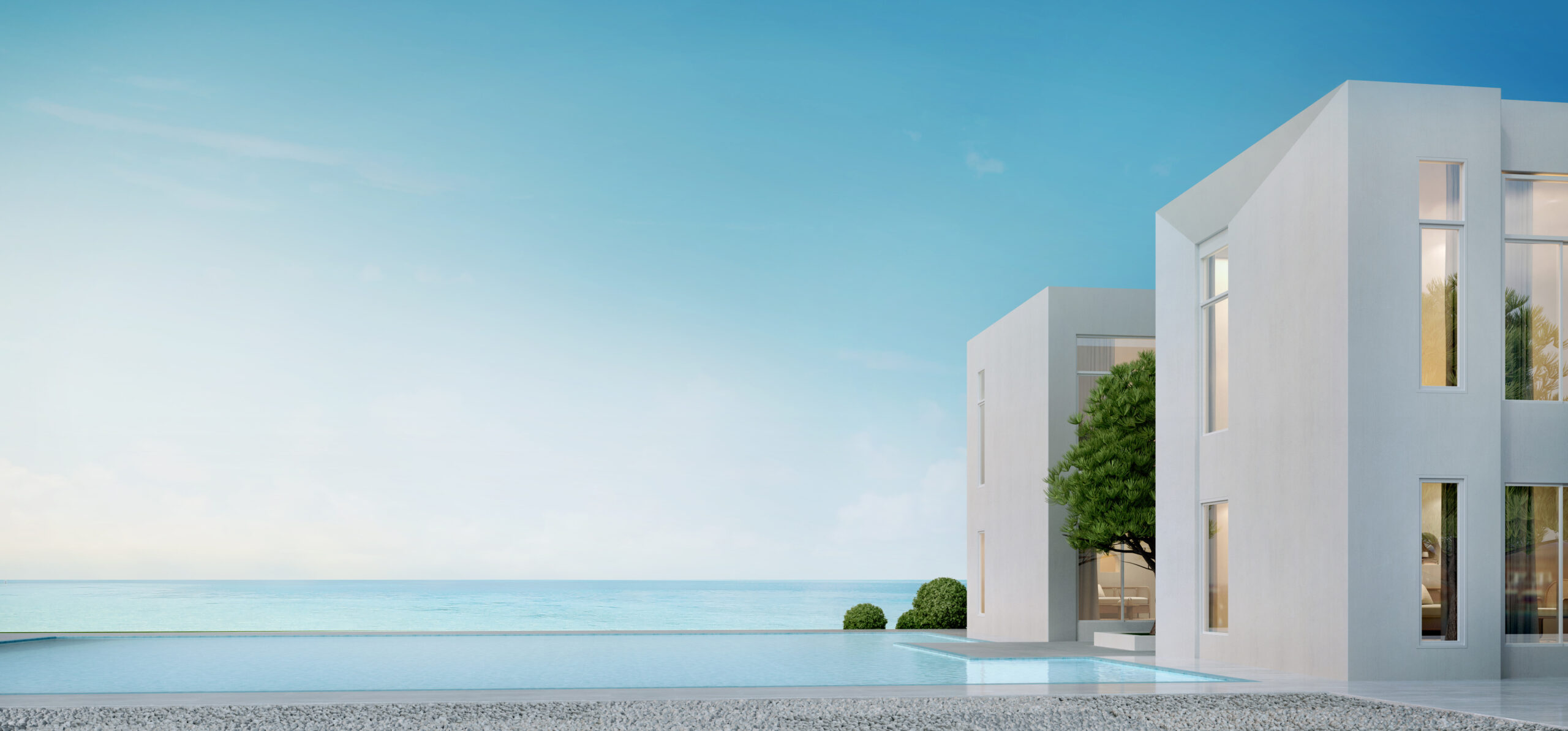 Sea view.Modern architecture with swimming pool and blue sky.Concept for vacation home or hotel.3d rendering