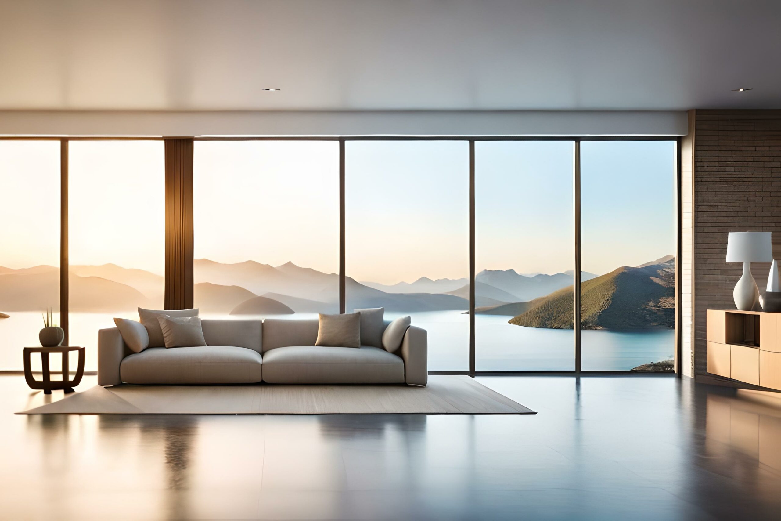 A modern and minimalist living room interior, with a focus on a sleek and elegant sofa, placed against a large window overlooking a serene lake and mountains in the distance, the soft rays of the sett